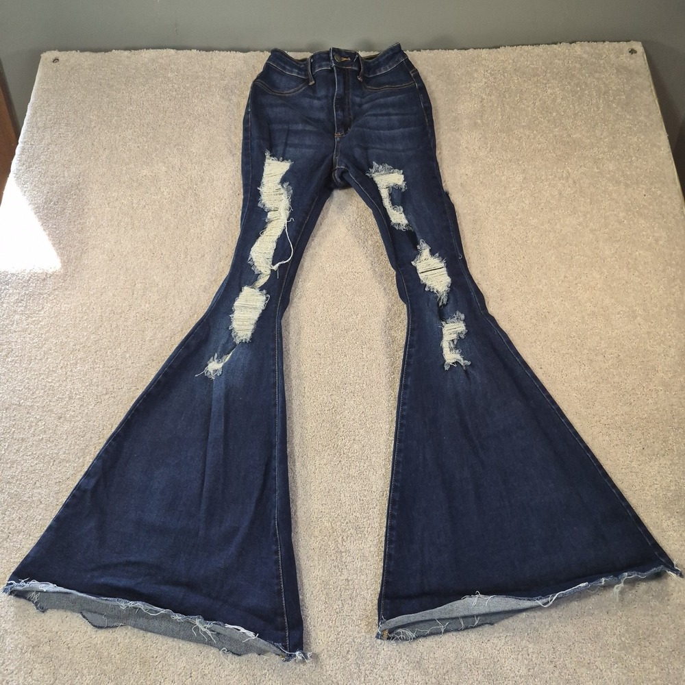 MAP Jeans Womens 23w Ultra High Rise Distressed Fringe Extreme Bell Bottom Flare